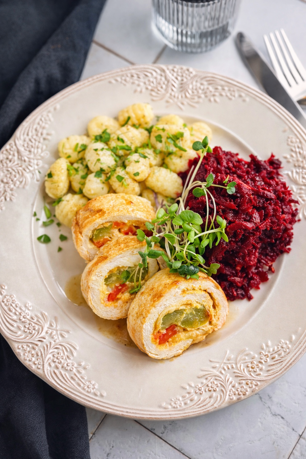 Roladki z piersi kurczaka z musztardą, ogórkiem i papryką podane z gnocchi i buraczkami na ciepło