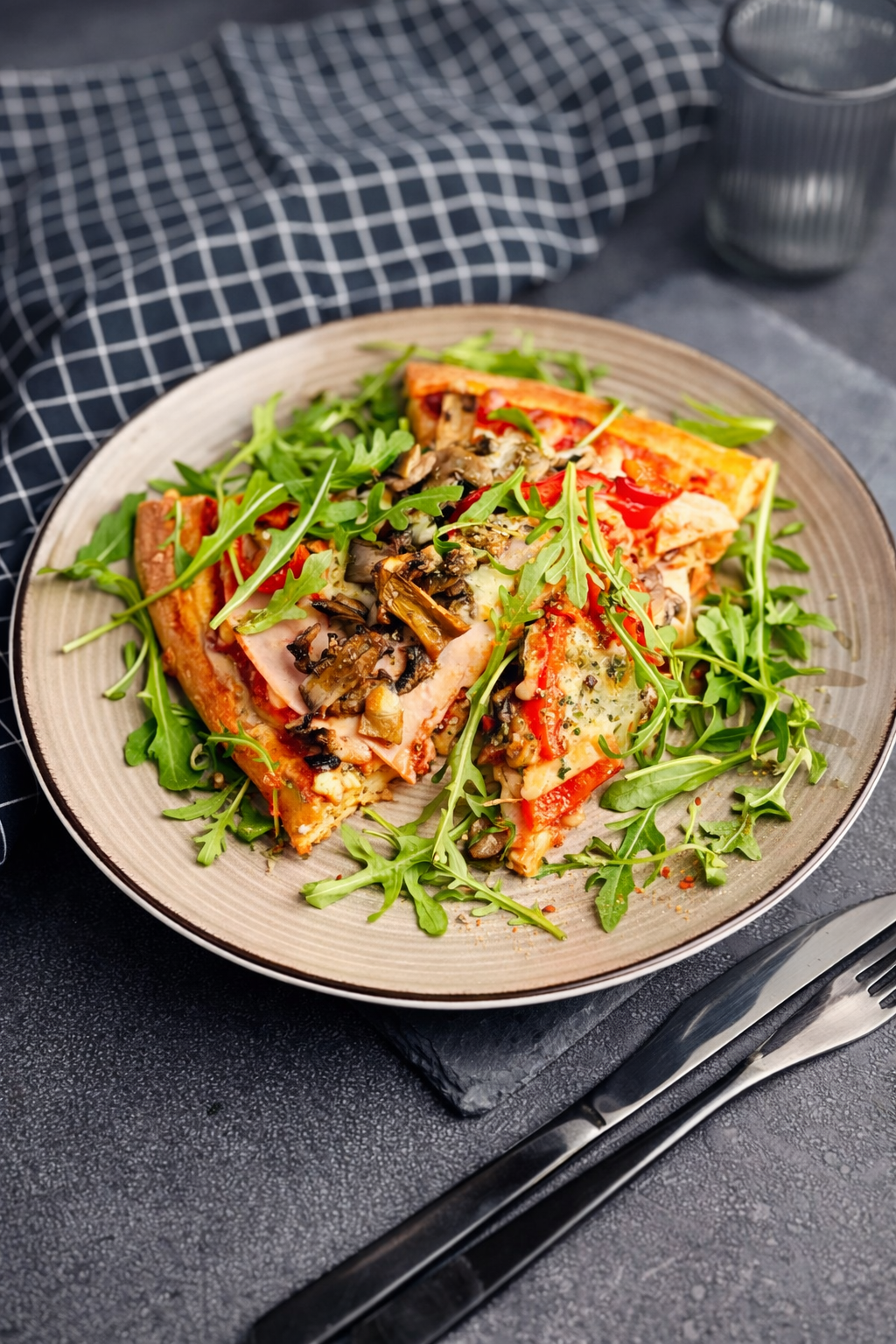 Fit Pizza na skyrowym spodzie z mozzarellą, szynką z kurczaka i warzywami