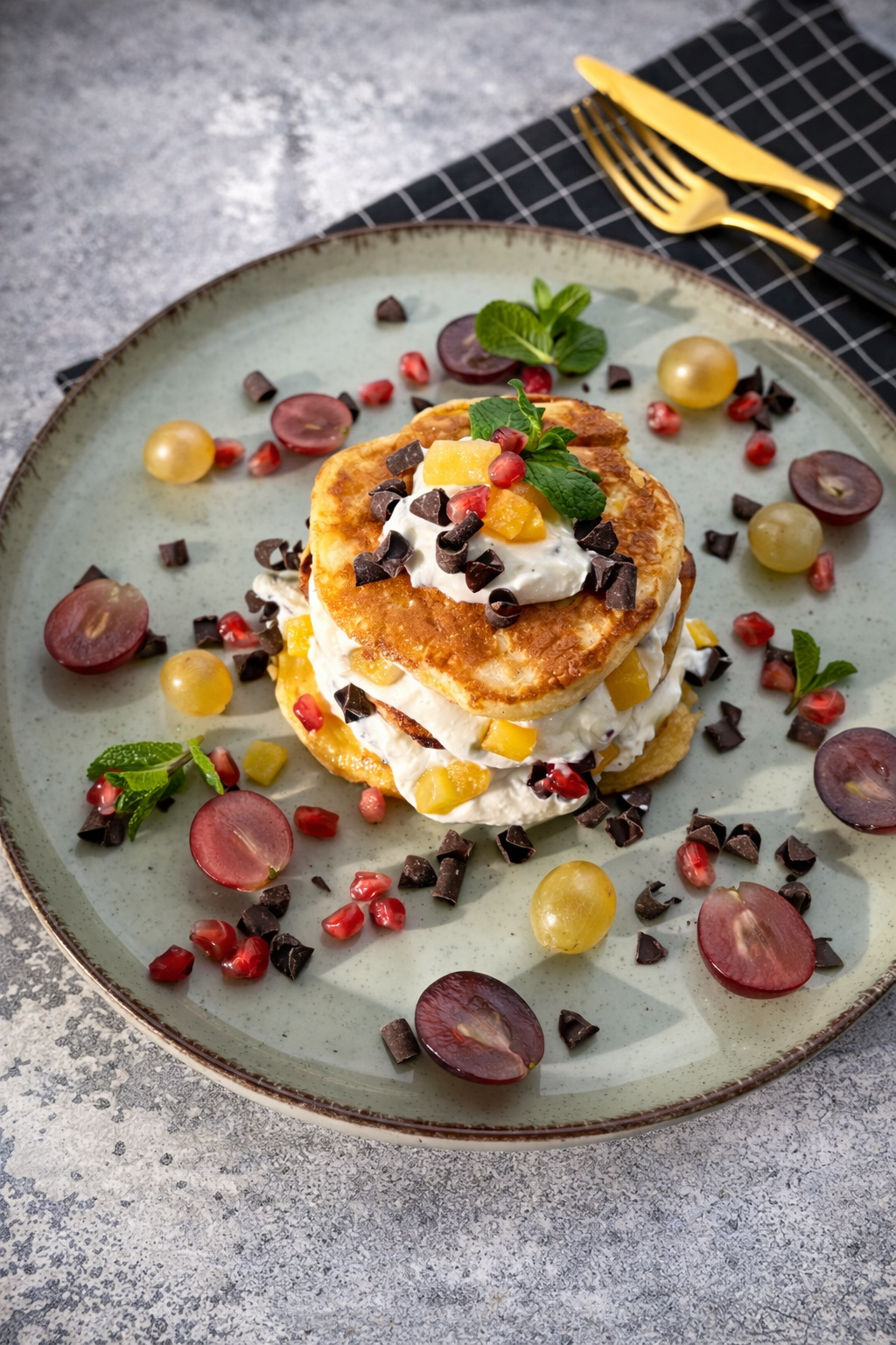 Serniczki z patelni z brzoskwiniami podane z twarożkiem straciatella i winogronami