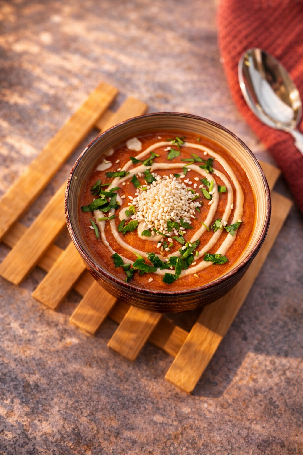 Krem z pieczonych pomidorów i kalafiora z prażonym sezamem i tahini