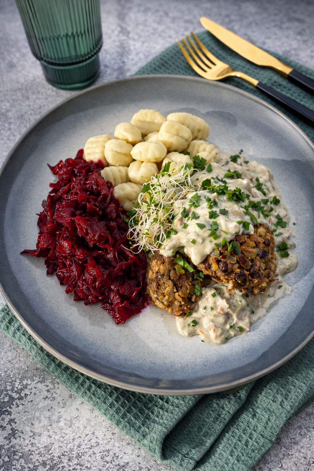 Wegetariańskie gołąbki bez zawijania podane z gnocchi, gotowanymi buraczkami i sosem pieczarkowym