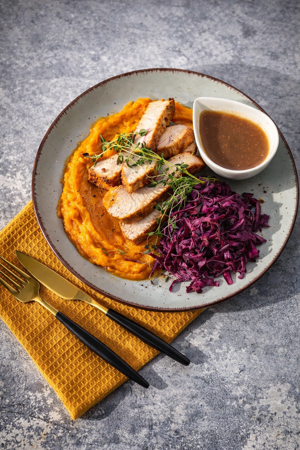 Indyk w sosie pieczeniowym z pikantnym puree z batatów i surówką z czerwonej kapusty i jabłka z suszonymi śliwkami 
