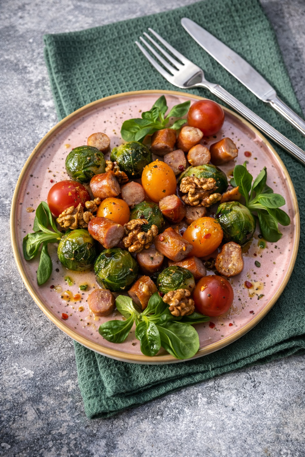 Kiełbaski podsmażane z brukselką / Pomidor,  orzechy włoskie