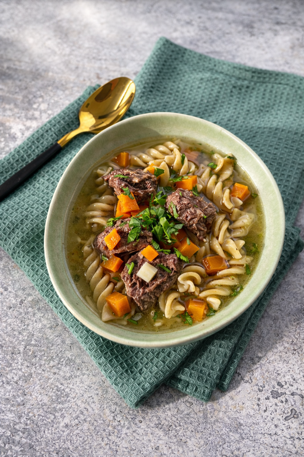 Rosół z mięsem wołowym i makaronem pełnoziarnistym