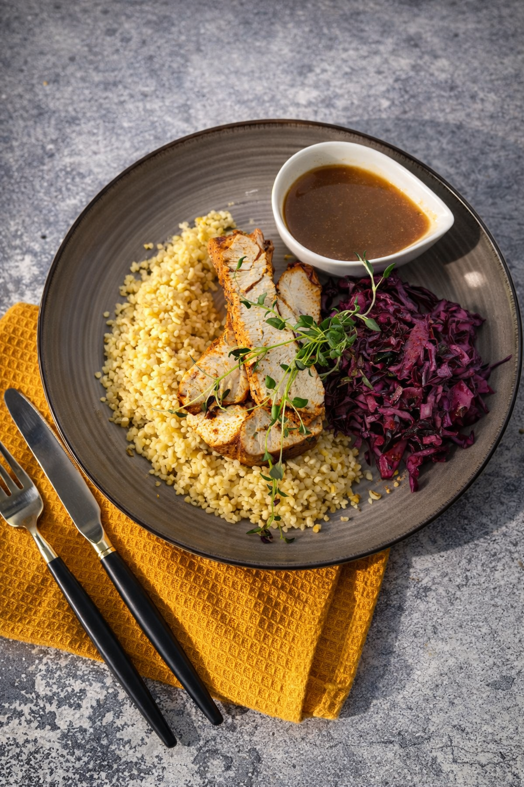 Indyk pieczony z kaszą bulgur i surówką z czerwonej kapusty i jabłka z suszonymi śliwkami 