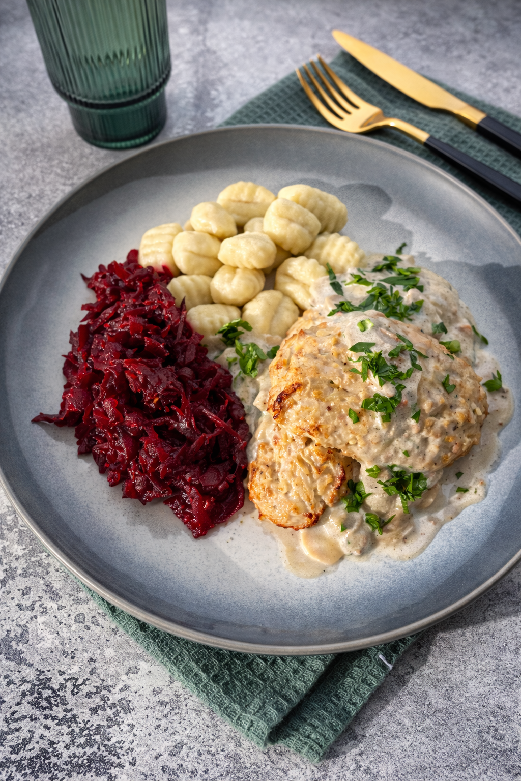 Gołąbki bez zawijania w sosie pieczarkowym podane z gnocchi i gotowanymi buraczkami