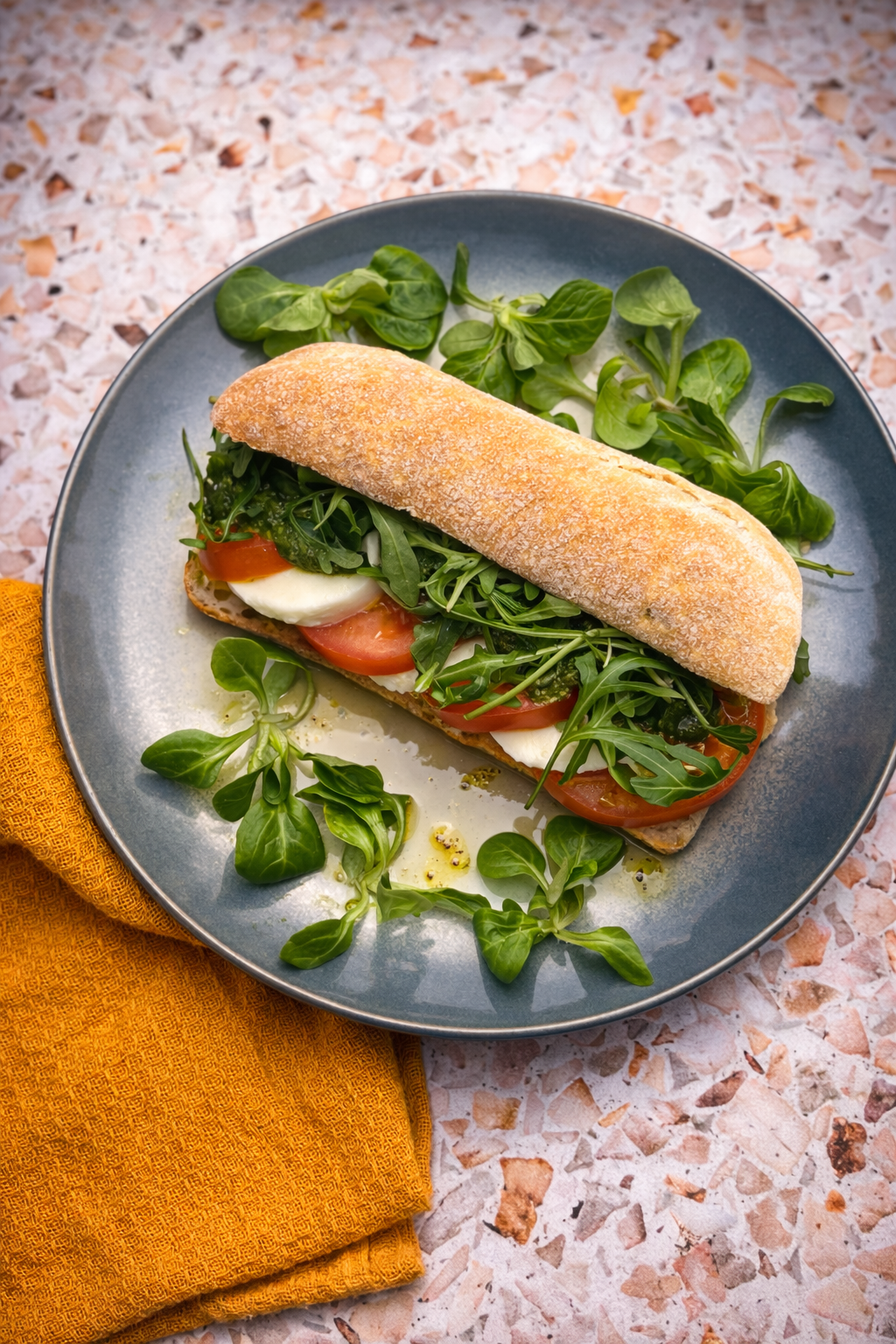 Ciabatta caprese z pomidorami, mozzarellą, bazylią i pesto