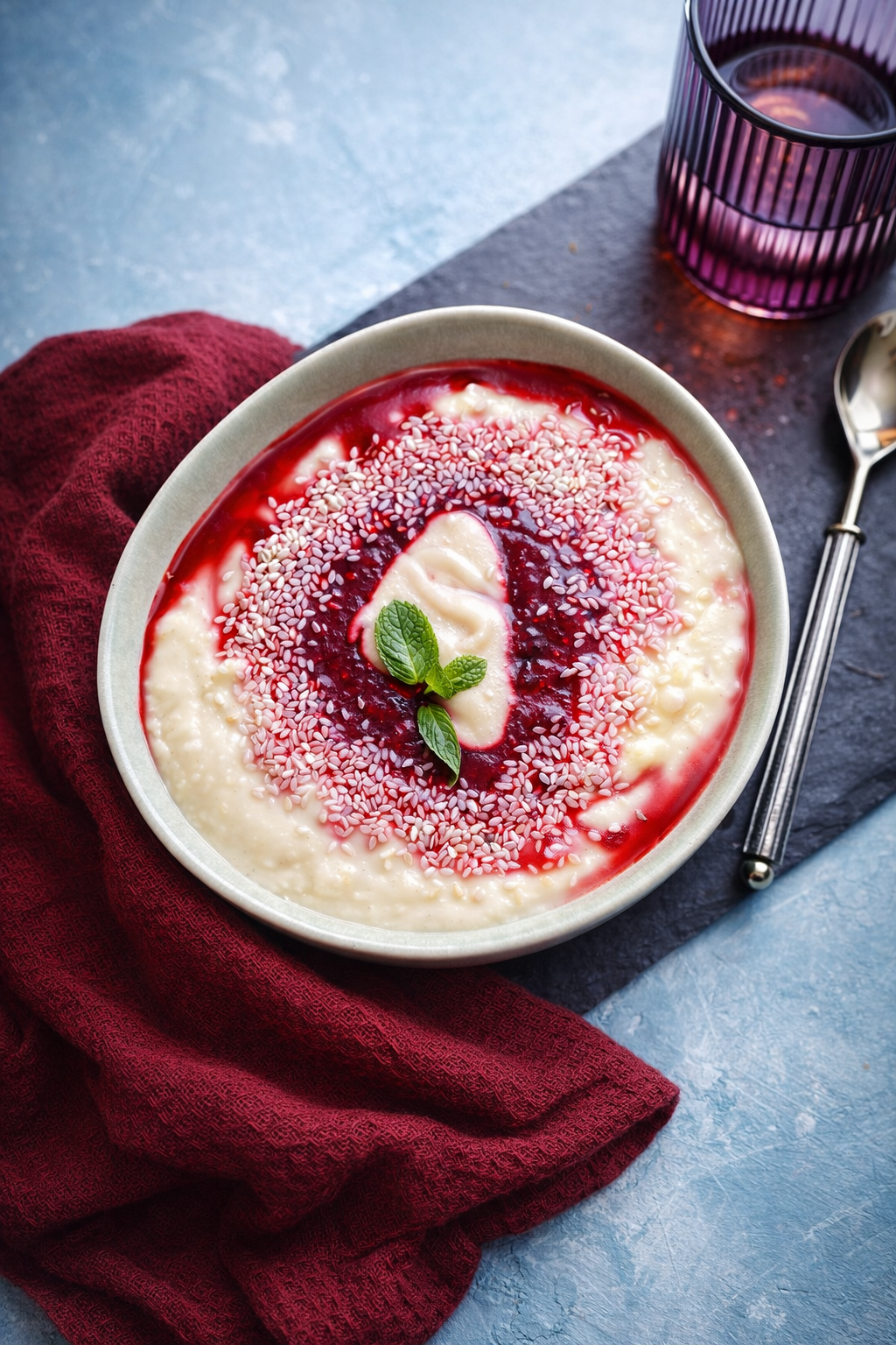 Chałwowa jaglanka na mleczku kokosowym z sosem miodowo-sezamowym i musem z wiśni