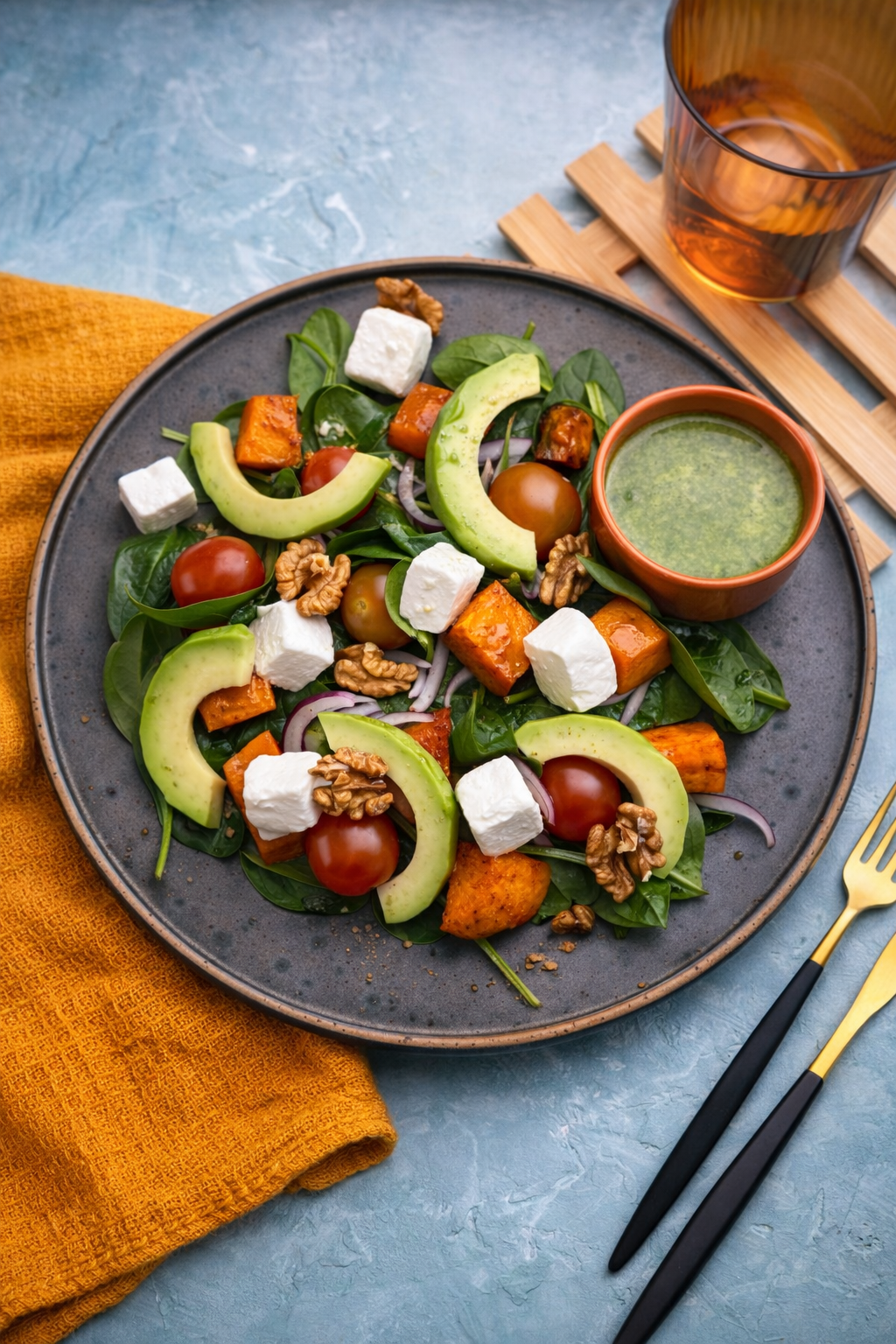 Sałatka z pieczonych batatów, pomidorków i awokado ze szpinakiem i fetą