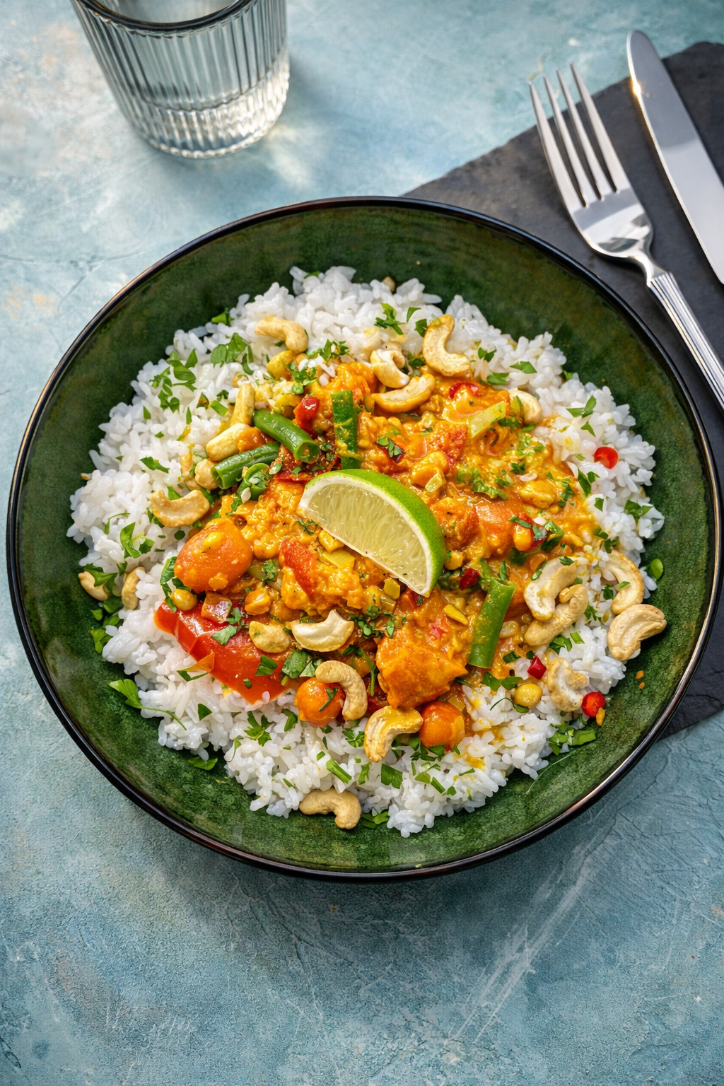 Wegetariańskie curry z dynią i soczewicą podane z ryżem jaśminowym i kolendrą