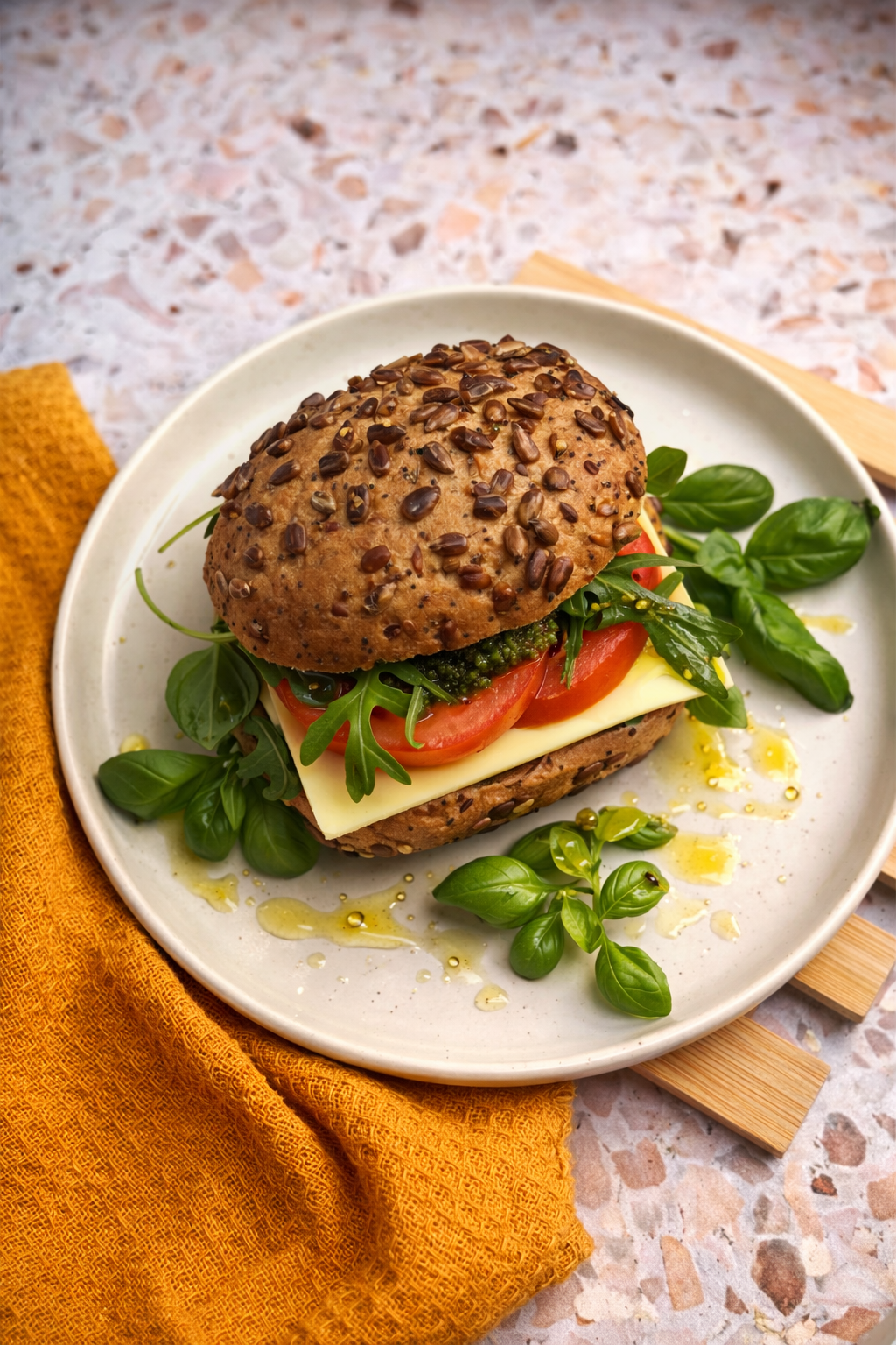 Bezglutenowe kanapki z pomidorami, wegańskim serem, bazylią i pesto