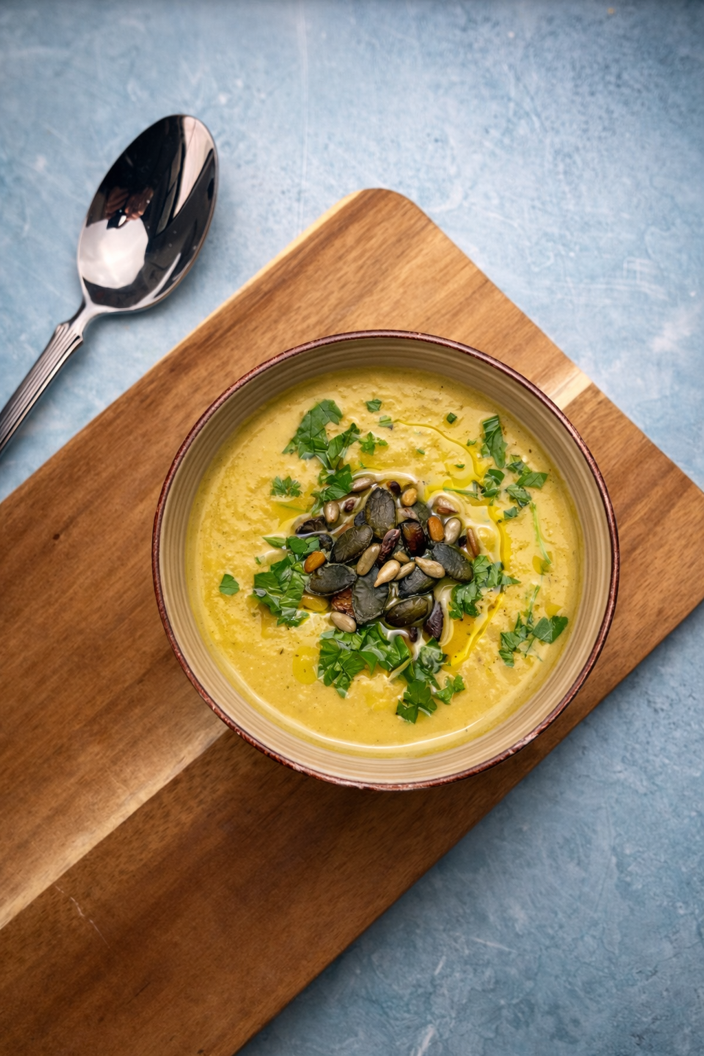 Aksamitny krem z brokułów z gałką muszkatołową podany z chrupiącymi czosnkowymi grzankami z pieczywa bezglutenowego i prażonymi pestkami