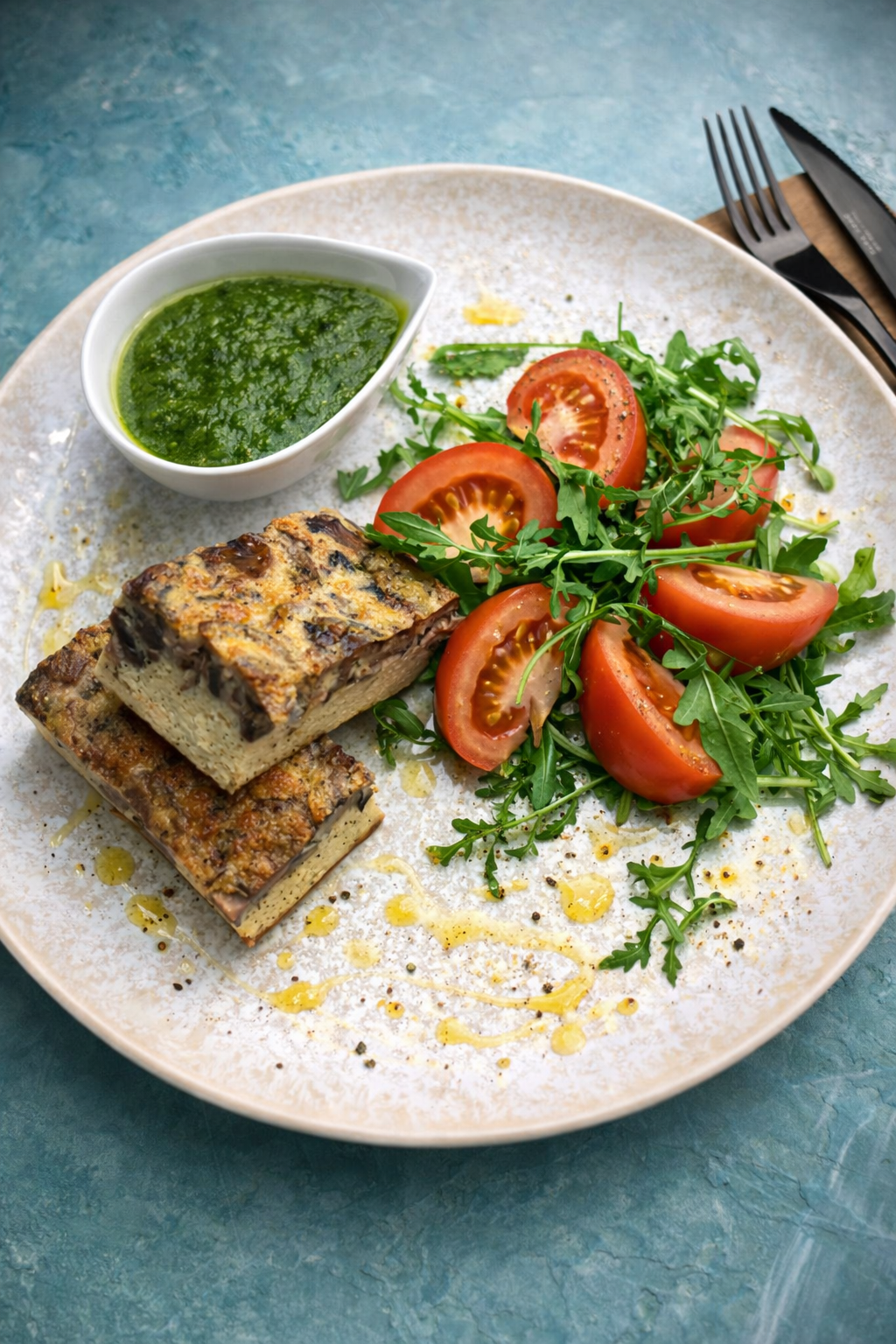 Omlet z parmezanem, pieczarkami i bazyliowym pesto