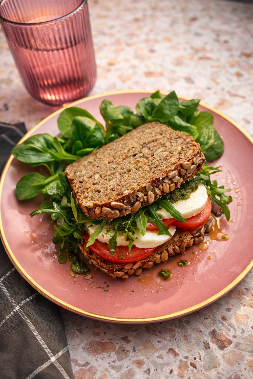 Kanapka żytnia caprese z pomidorami, mozzarellą, bazylią i pesto