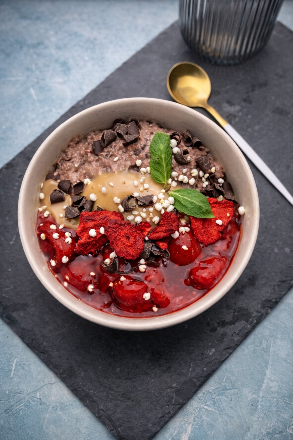 Czekoladowa pianka twarogowa z karmelowym puddingiem proteinowym i domową frużeliną z truskawek