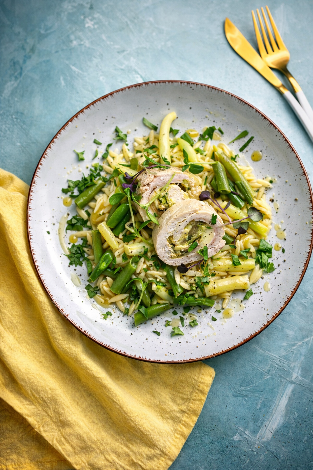 Roladki z kurczaka z pieczarkami, szynką i serem podane z makaronem orzo i fasolką szparagową