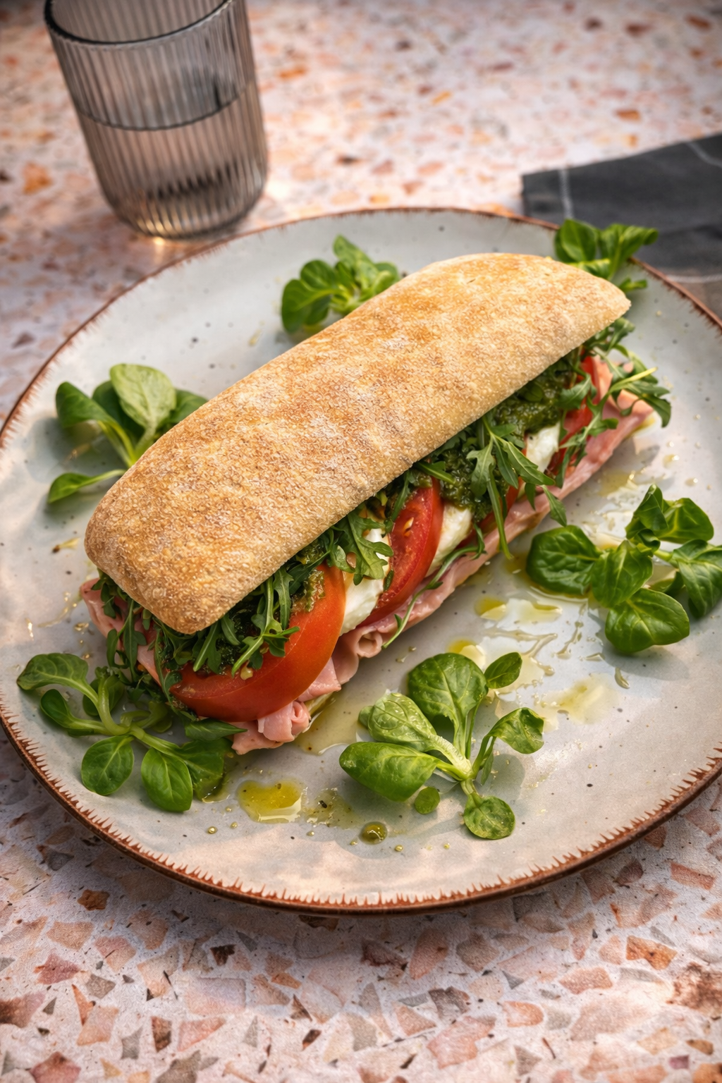 Ciabatta caprese z mozzarellą bez tłuszczu i szynką cotto