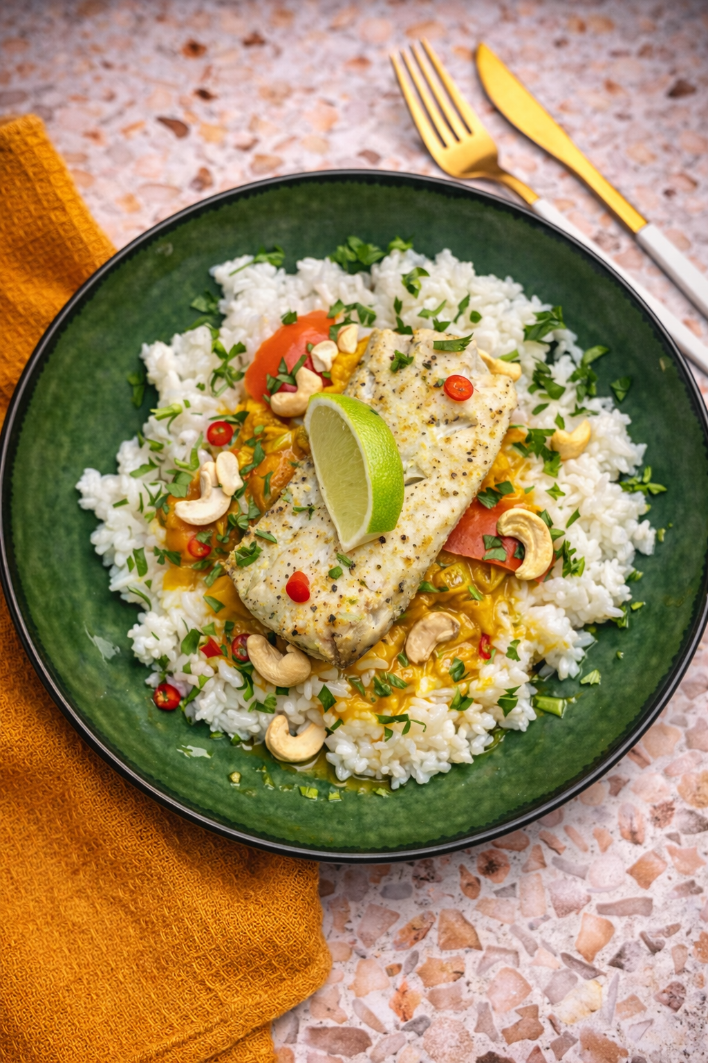 Żółte curry z polędwicą z dorsza i dynią podane z ryżem jaśminowym