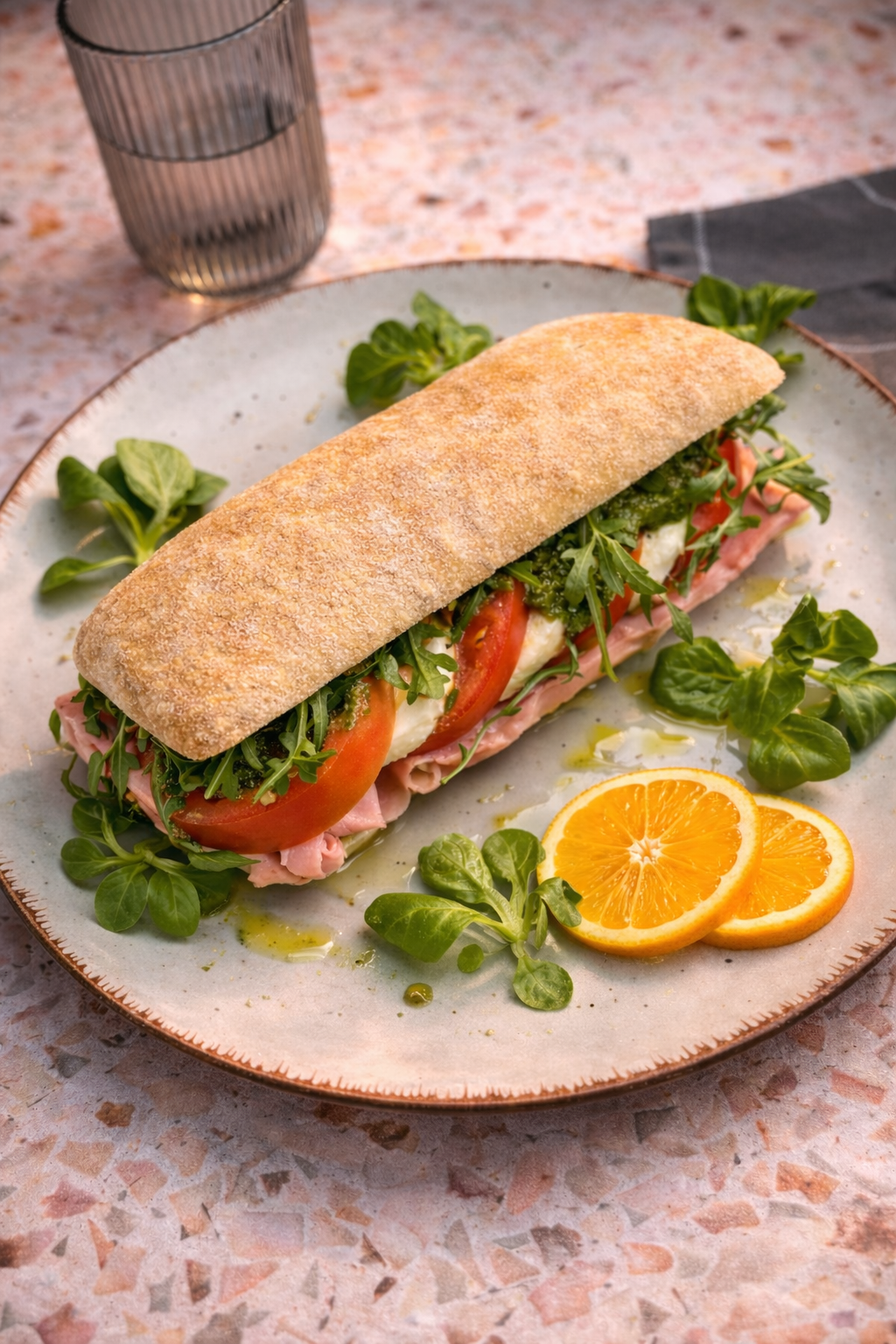 Ciabatta caprese z mozzarellą bez tłuszczu i szynką cotto / świeża pomarańcza