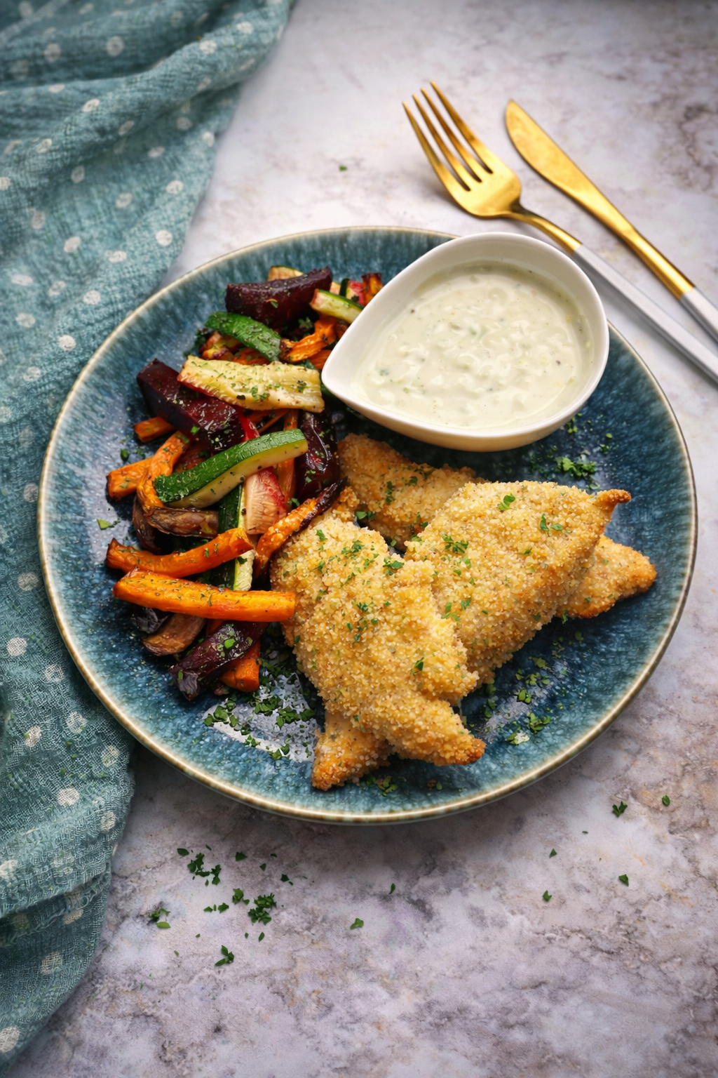 Migdałowo-parmezanowe nuggetsy KETO z frytkami z warzyw i sosem na bazie jogurtu greckiego