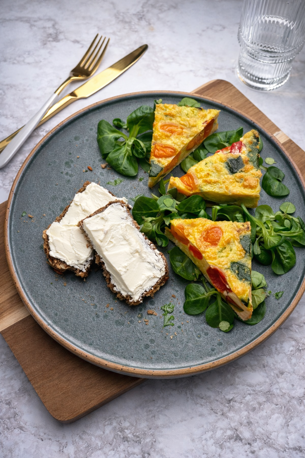 Omlet z cukinią i pomidorami podany z żytnim chlebkiem z serkiem śmietankowym