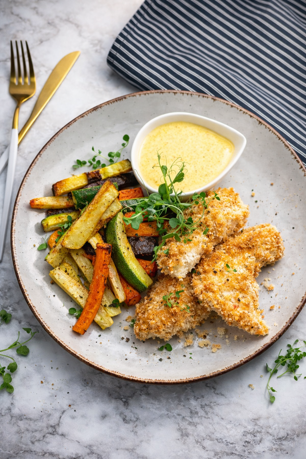 Nuggetsy z kurczaka w panko z frytkami z warzyw i dipem na bazie jogurtu greckiego