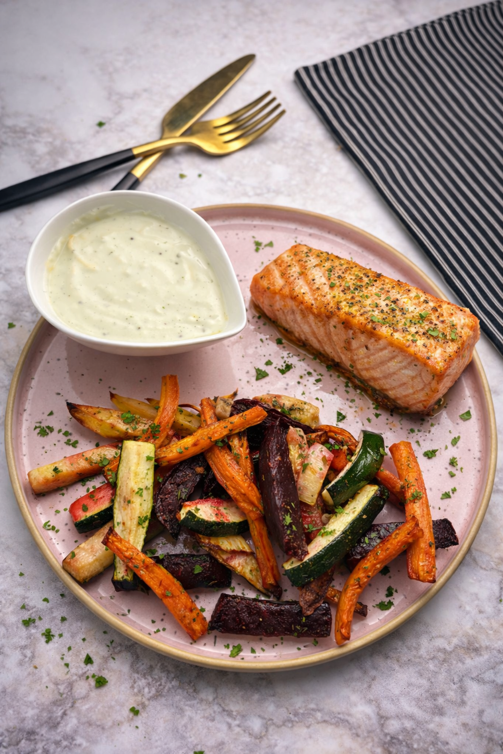 Grillowany łosoś z frytkami z warzyw i sosem na bazie jogurtu greckiego
