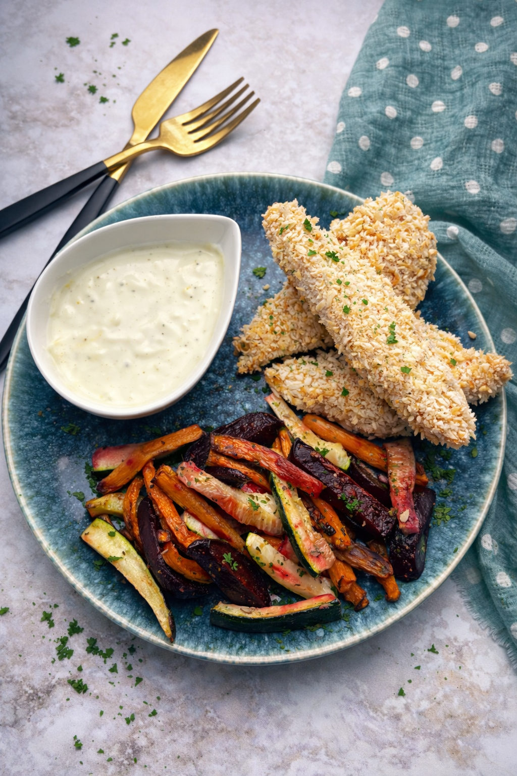 Kurczak w owsianej panierce z frytkami z warzyw i sosem 