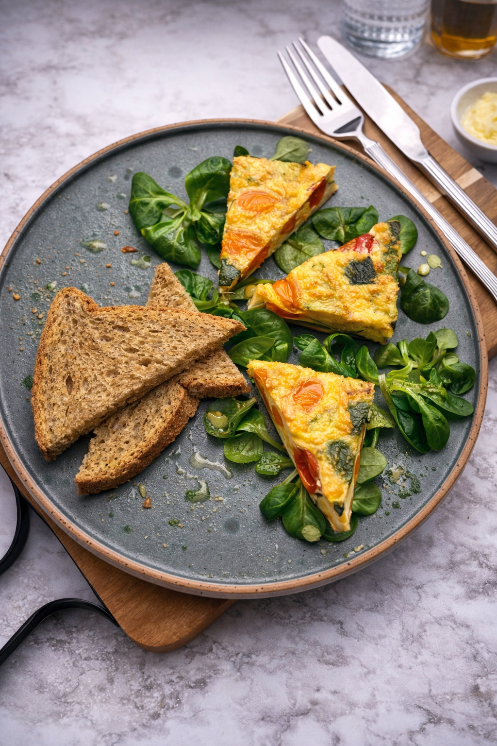 Omlet z cukinią i pomidorami podany z awokado i chlebem bezglutenowym