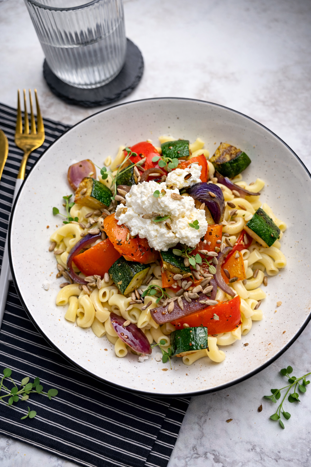 Makaron kolanka z grillowanymi warzywami ricottą i prażonym słonecznikiem