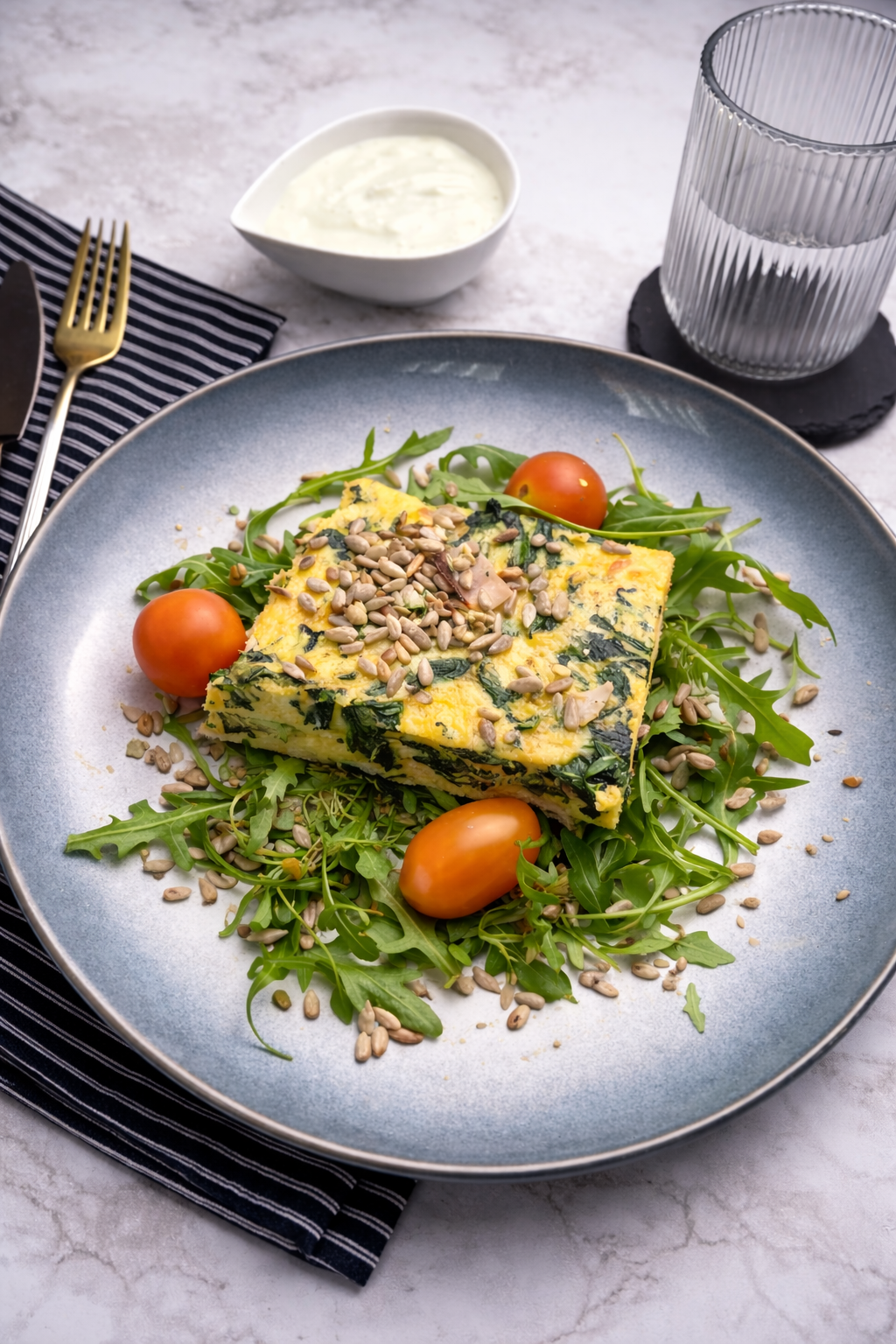 Frittata z szynką, szpinakiem i fetą podana z dipem jogurtowo-czosnkowym