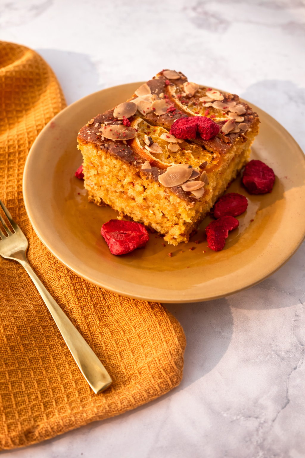 Ciasto pomarańczowe na mące beglutenowej z migdałową posypką