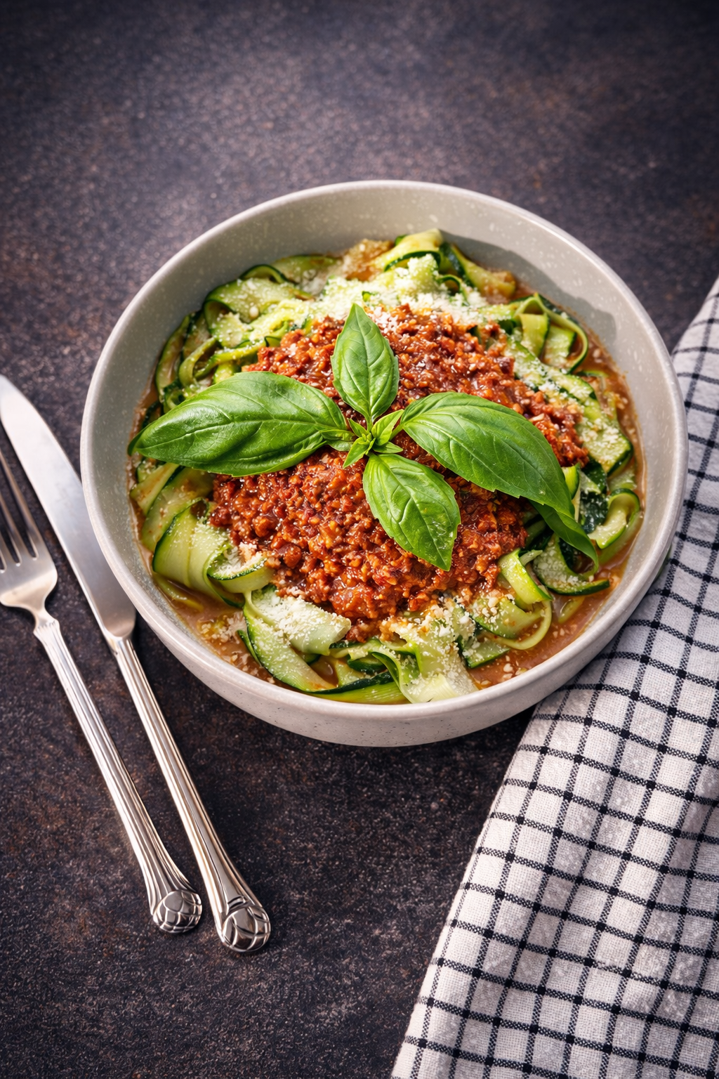 Sos bolognese z wołowiną podany z makaronem z cukinii, świeżą bazylią i parmezanem