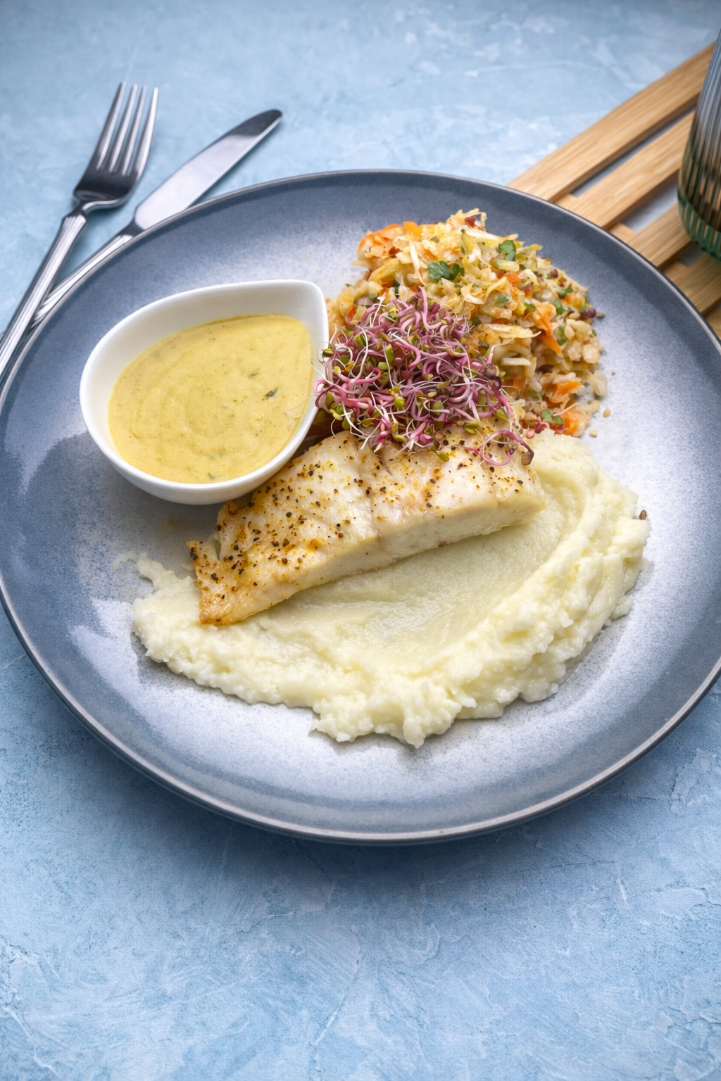 Okoń w aromatycznym sosie musztardowym z delikatnym puree z kalafiora i kolorową surówką warzywną