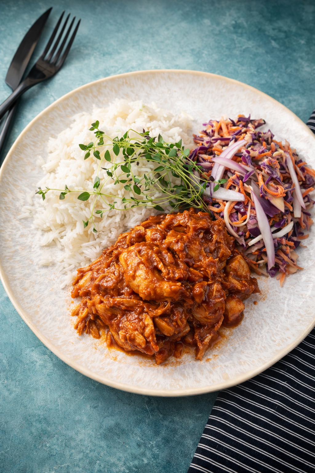 Szarpany kurczak w domowym sosie bbq podany z ryżem basmati i kolorową surówką a'la coleslaw 