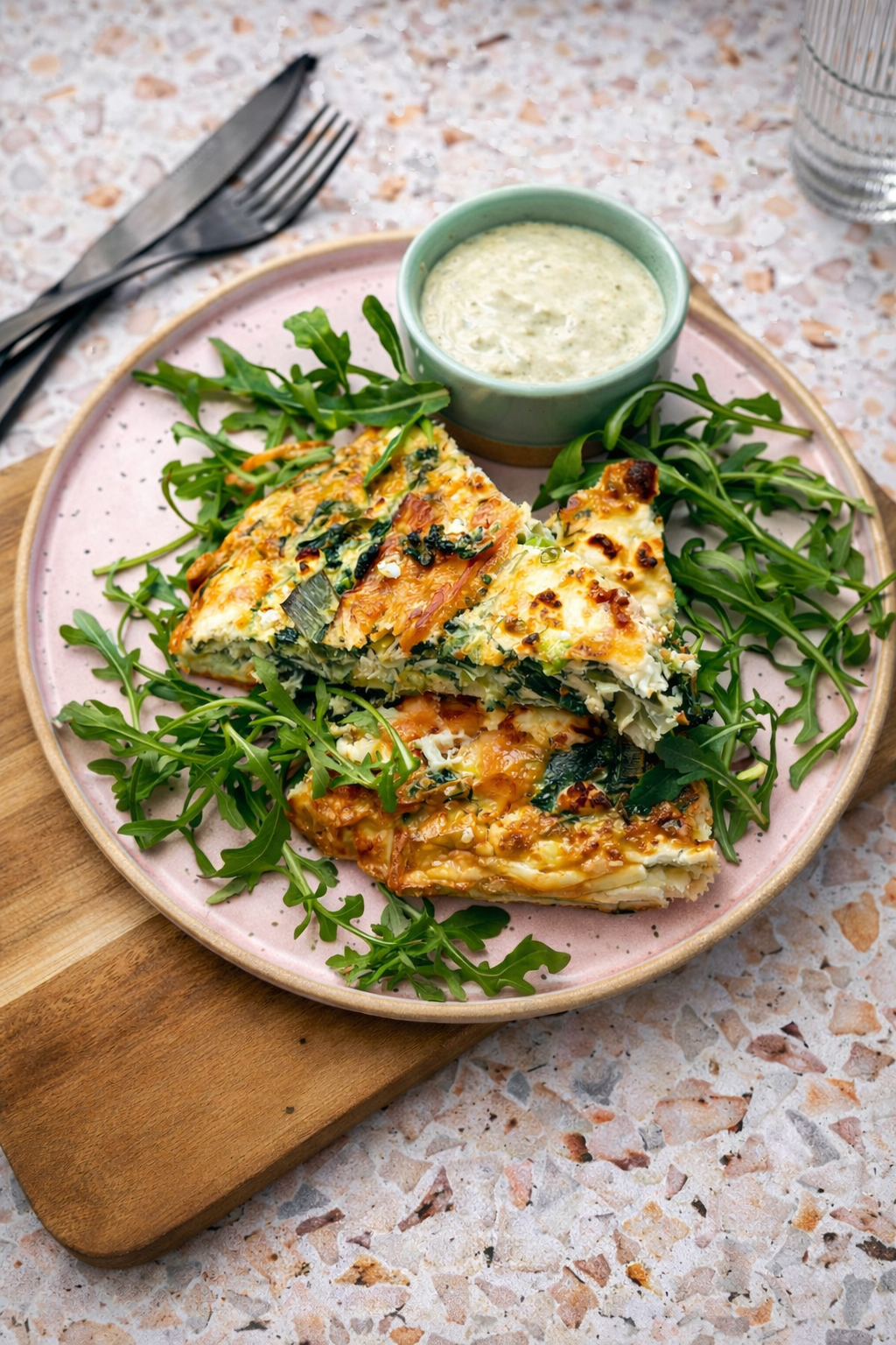 Frittata z wędzonym łososiem / Cytrynowy dip z kaparami