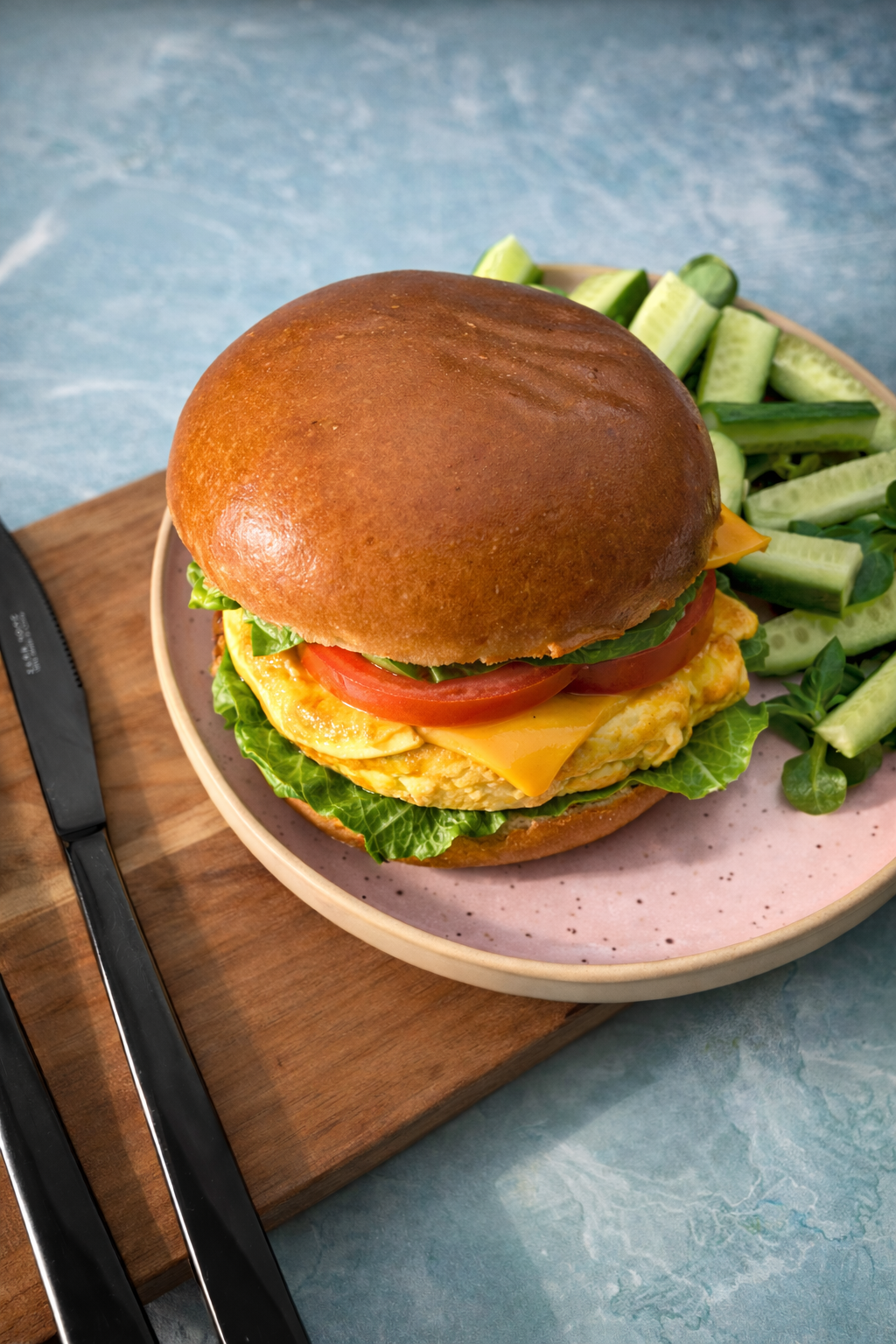Śniadaniowy burger z omletem, serem cheddar i awokado 