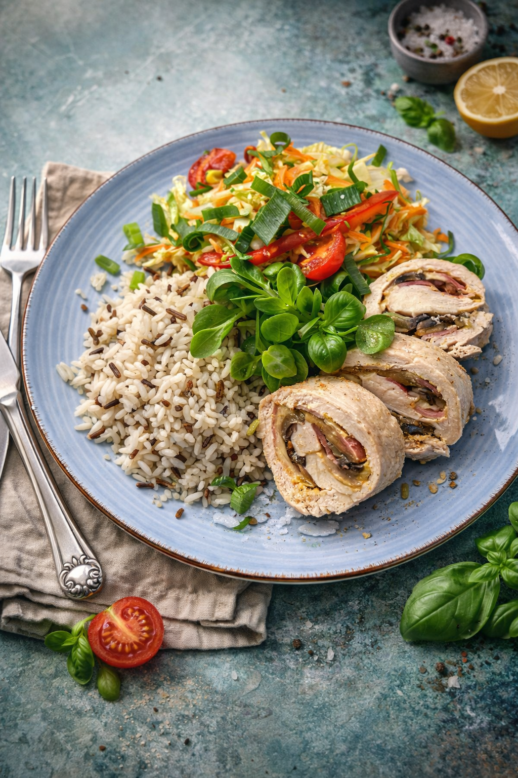 Roladki z piersi kurczaka z pieczarkami i boczkiem podane z surówką z kapusty pekińskiej i ryżem parboiled z dzikim