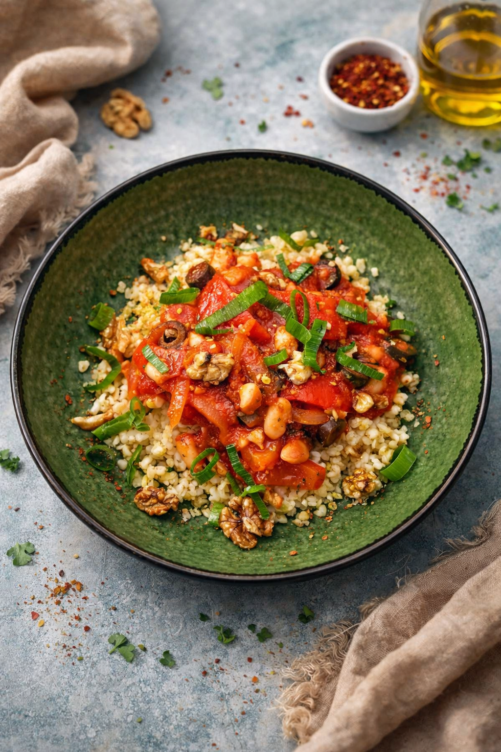 Fasolka w stylu śródziemnomorskim podana z kaszą bulgur i orzechami włoskimi