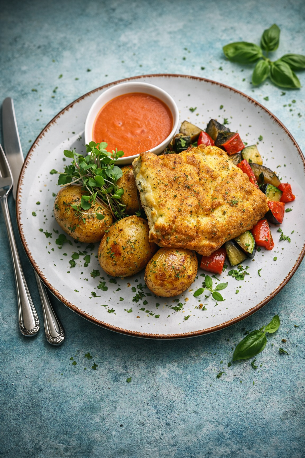 Ryba w cieście bazyliowym z ziemniaczkami pieczonymi w mundurkach z warzywami grillowanymi i sosem mojo rojo