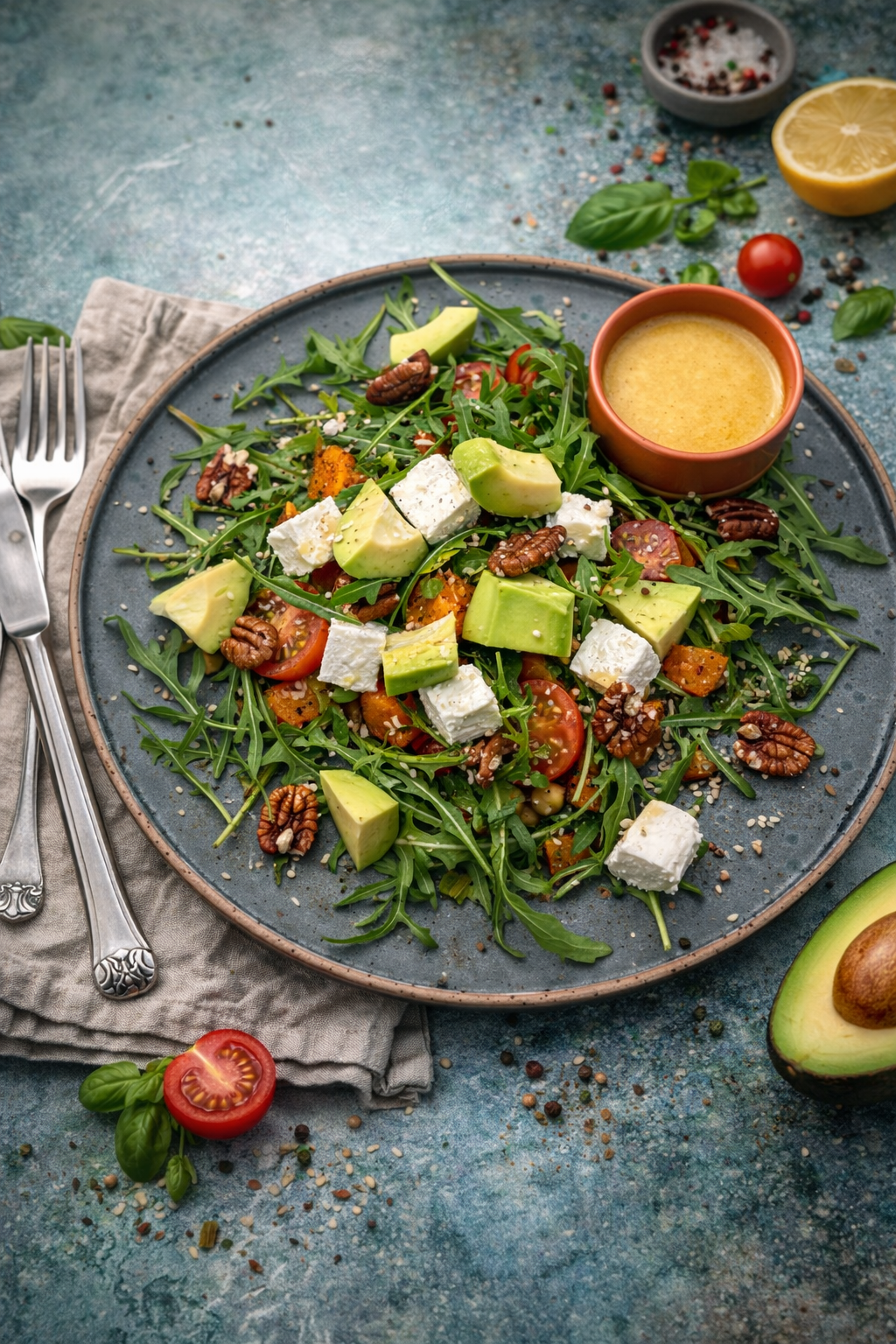 Sałatka z pieczonym batatem, cieciorką, serem feta i orzechami pekan z dressingiem na bazie oliwy i syropu klonowego