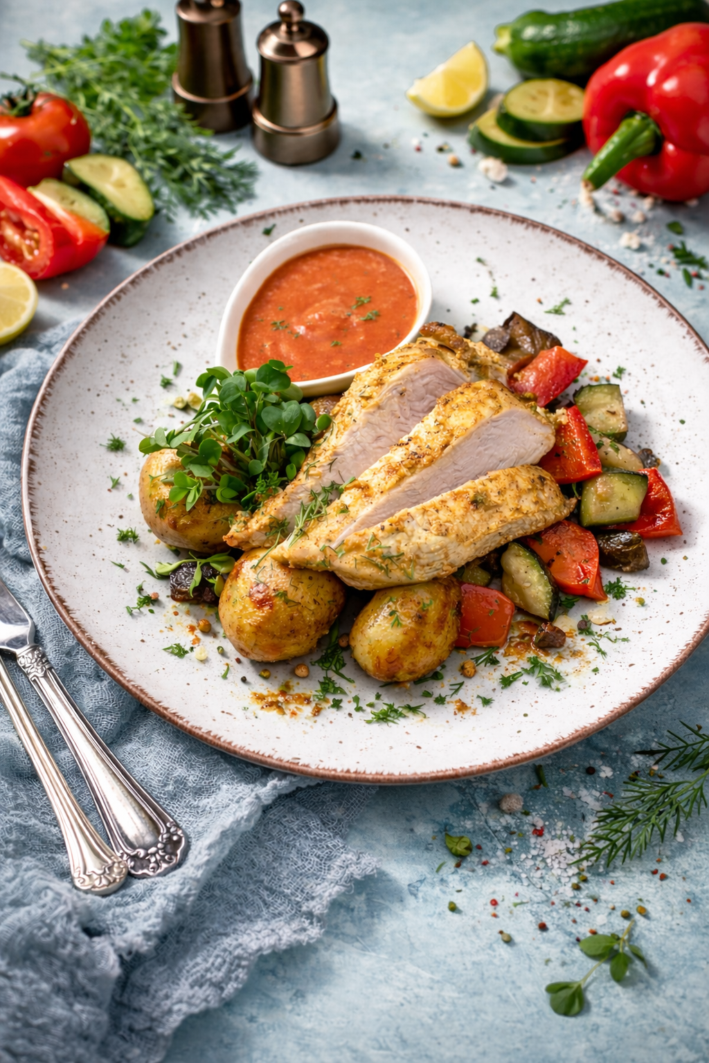 Indyk w marynacie miodowo-musztardowej z ziemniaczkami pieczonymi w mundurkach z warzywami grillowanymi i sosem mojo rojo