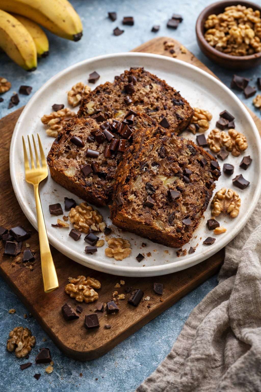 Wilgotny i delikatny chlebek bananowy z orzechami i gorzką czekoladą