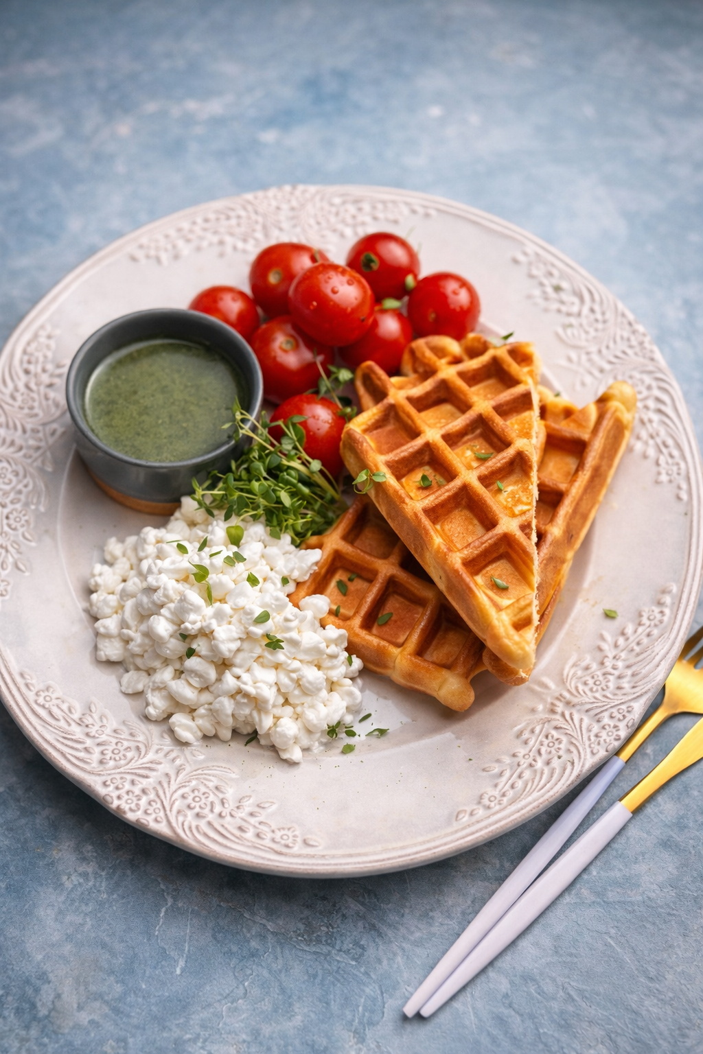 Wytrawne gofry z grani, pesto i pomidorkami cherry