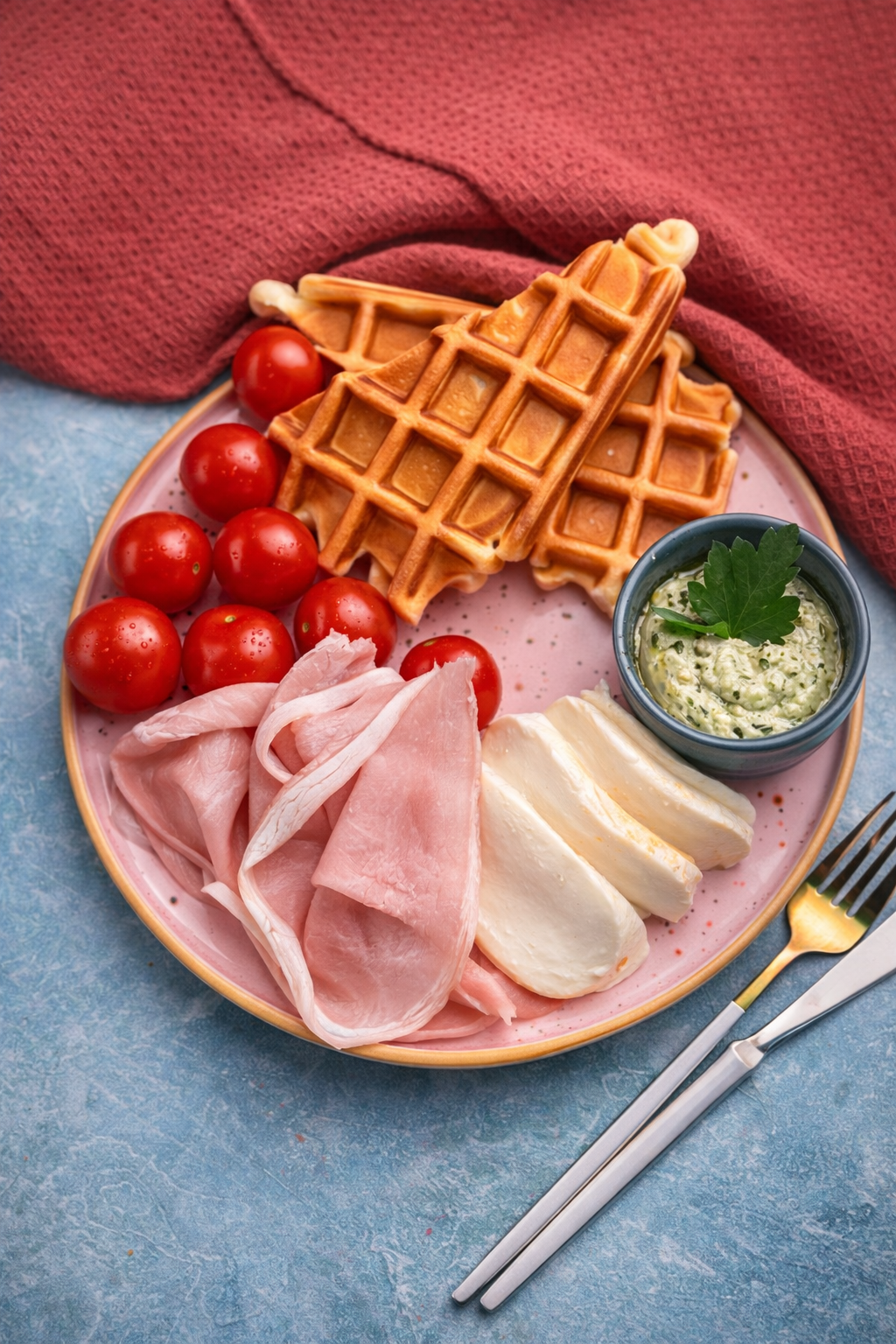 Wytrawne gofry z mozzarellą light, szynką cotto, niskotłuszczowym pesto i pomidorkami