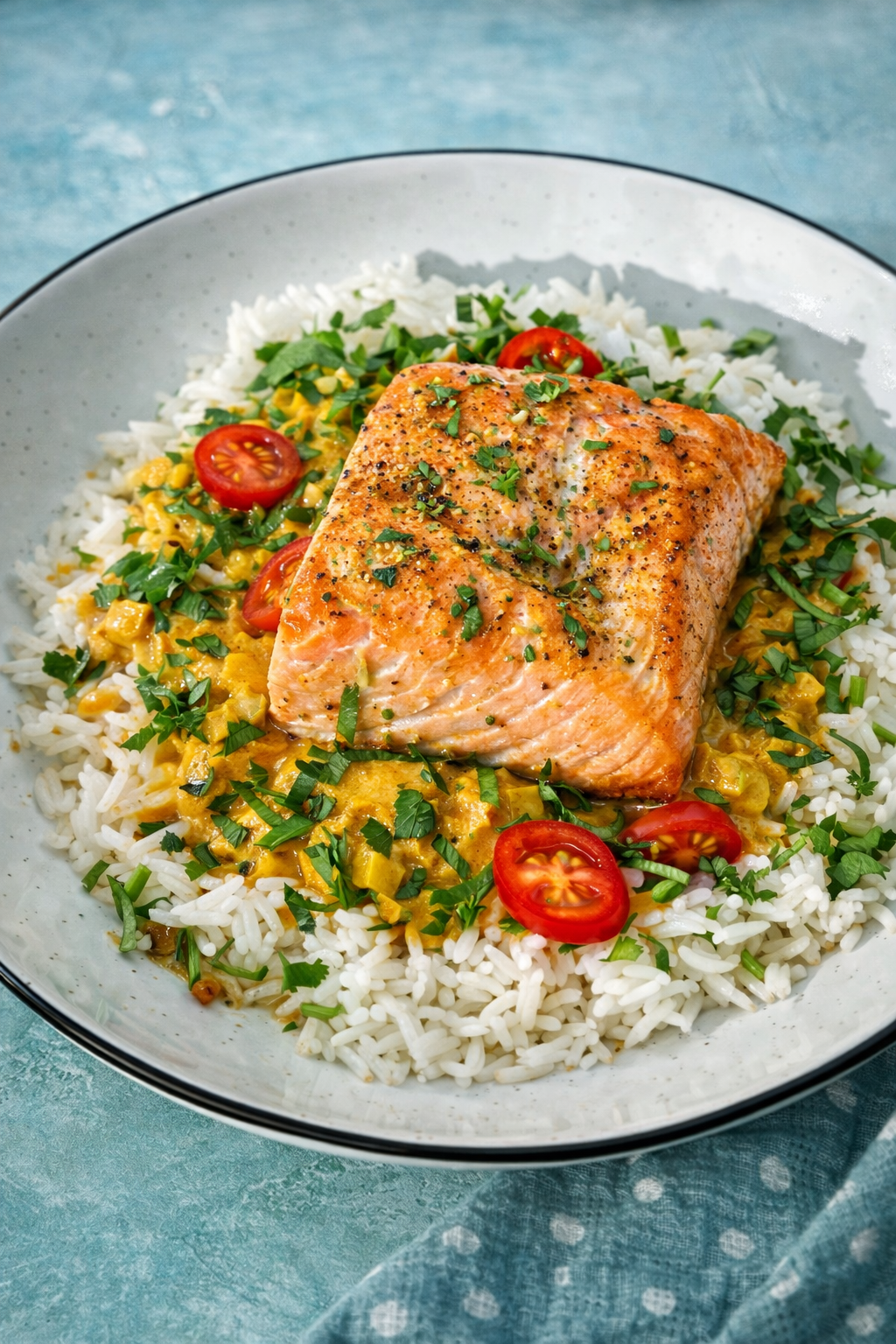 Curry z łososiem i warzywami / nerkowce