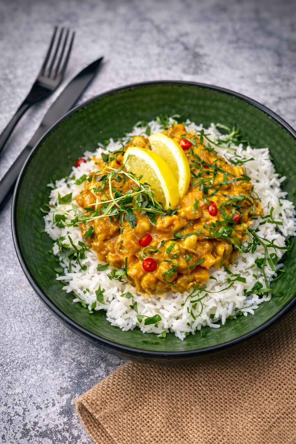 Warzywne curry z dynią, kalafiorem i ciecierzycą podane z ryżem basmati