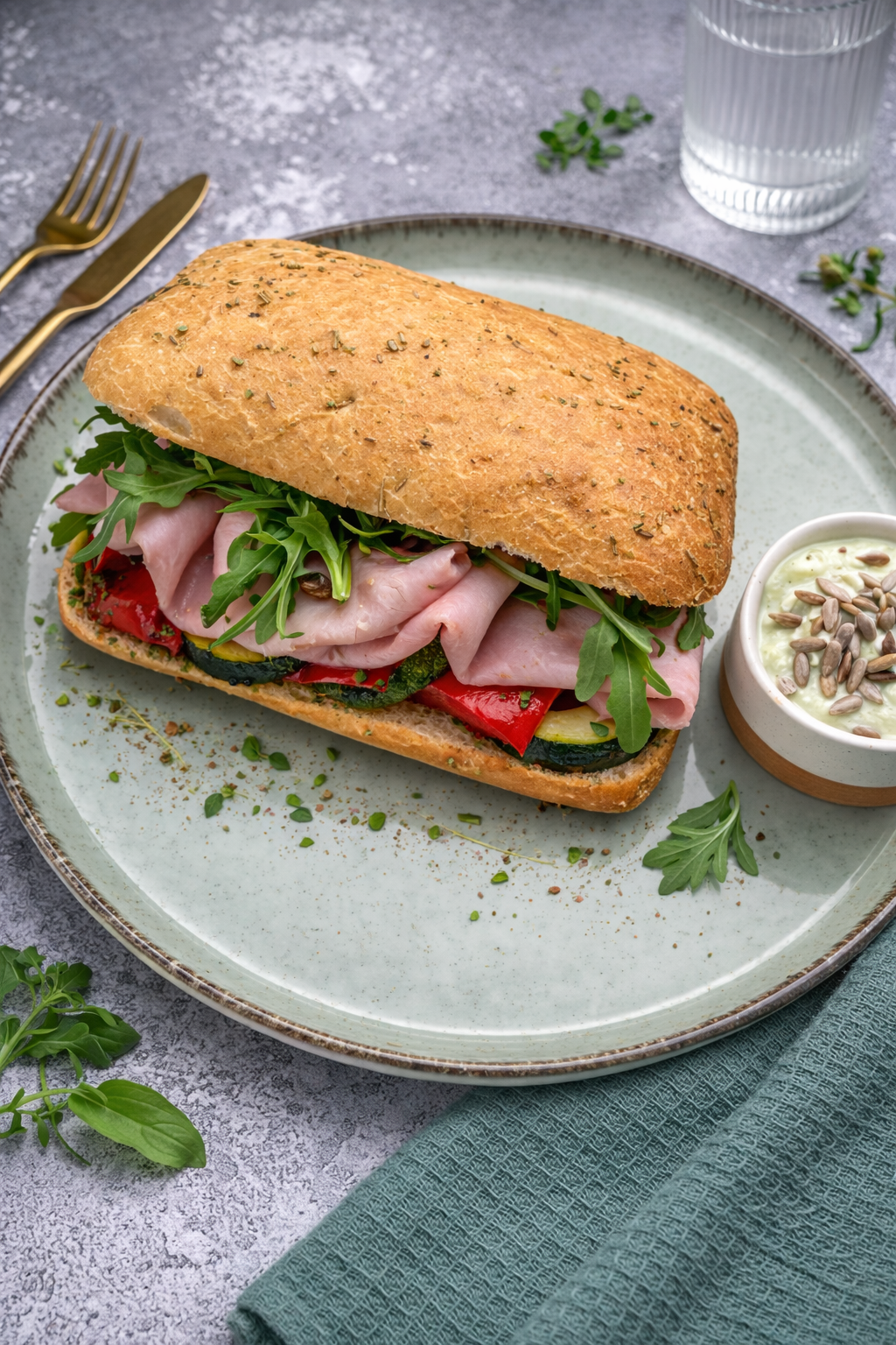 Focaccia po włosku z grillowanymi warzywami i szynką cotto podana z pastą proteinową z serka i bazyliowego pesto