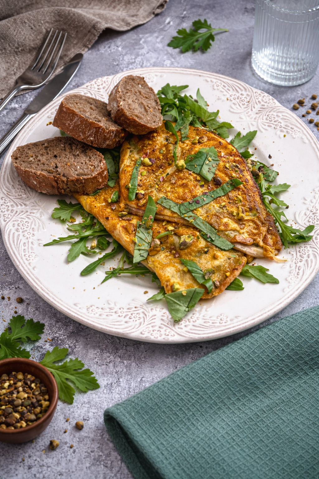Omlet po włosku z szynką cotto i pesto podany z bagietką wieloziarnistą