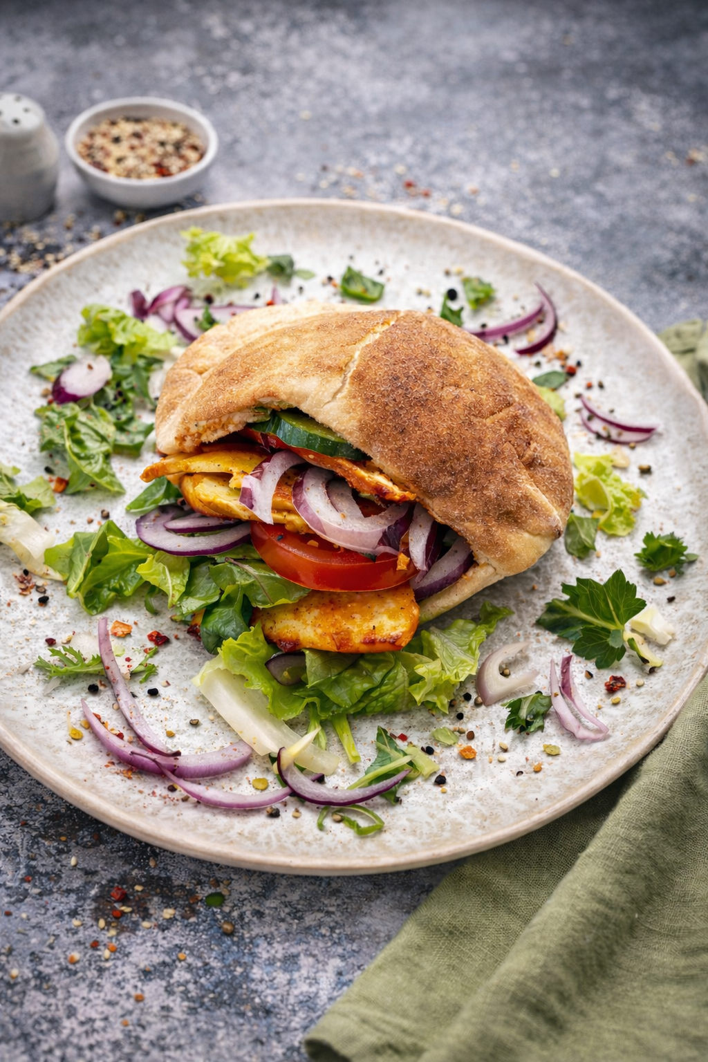 Halloumi kebab w chlebku pita ze świeżymi warzywami i sosem jogurtowym